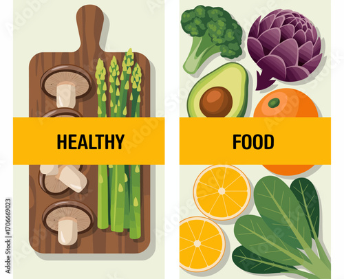This image features a cutting board adorned with healthy food items, showcasing fresh vegetables and fruits ideal for promoting nutritious eating habits in daily life.