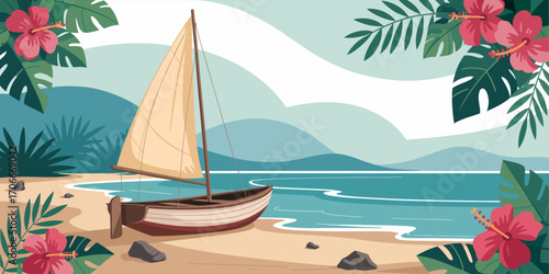 A tranquil tropical beach scene featuring a classic sailing boat anchored in calm waters, framed by vibrant tropical foliage, evoking feelings of peaceful adventure.