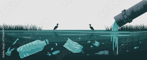 This illustration depicts a polluted water body filled with plastic waste and a pipe discharging contaminants, highlighting the pressing issue of water pollution and its effects.