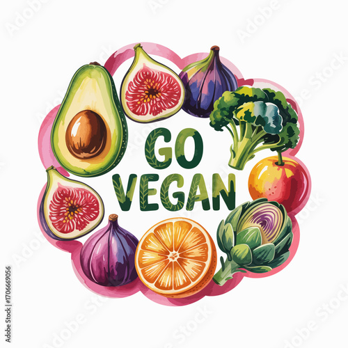 The image showcases a circular arrangement of vibrant fruits and vegetables around a bold 'Go Vegan' message, promoting a plant-based lifestyle with flair and creativity.