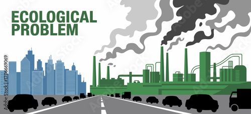 The image portrays a stark contrast between industrial pollution and urban landscapes, highlighting the ecological problem of air quality and environmental degradation.