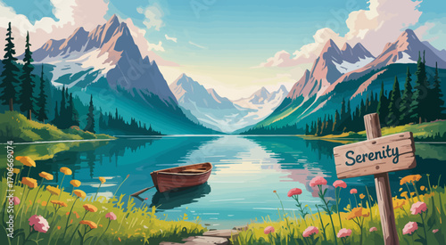This peaceful image depicts a tranquil lake scene with a rowboat gently floating, colorful flowers blooming, and a welcoming 'Serenity' sign set against pristine mountains.
