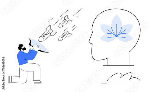 Person defending against cyber DDoS attacks with a shield while a serene human head symbolizes mental peace. Ideal for cybersecurity, mindfulness, mental health, self-defense, protection, resilience