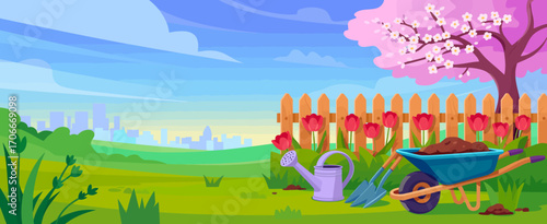 An inviting urban garden landscape featuring blooming flowers, gardening tools, and a blooming tree under a clear sky, representing tranquility and a connection to nature.