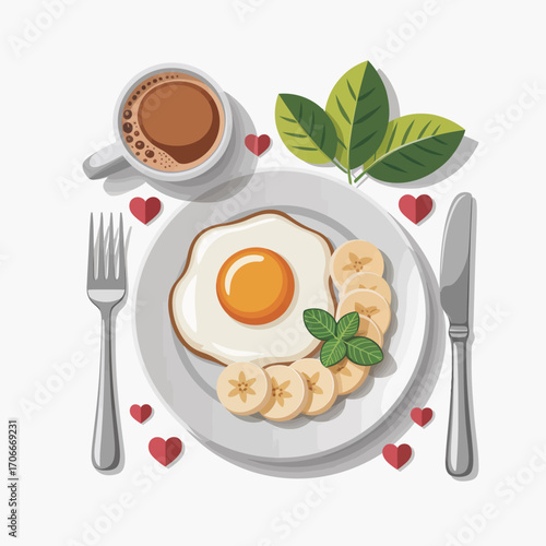 A beautifully arranged breakfast showcasing a plate of sunny-side-up eggs, fresh bananas, and aromatic coffee, aimed at inspiring feelings of comfort and well-being.