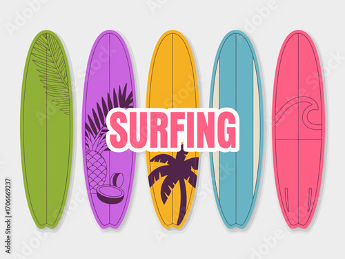 This eye-catching image displays an array of creatively designed surfboards showcasing unique patterns and vibrant colors, encapsulating the essence of summer fun at the beach.