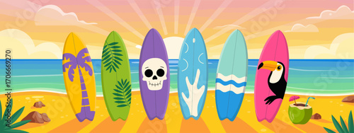 This engaging image features a stylish lineup of colorful surfboards set against a tranquil ocean sunrise, encapsulating the beauty and thrill of beach life and surfing.