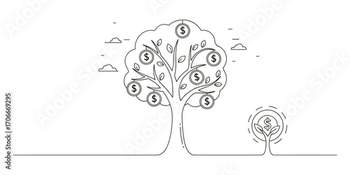 Conceptual illustration: Growing money tree with dollar signs as fruits and small tree.