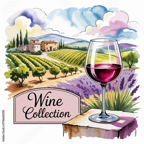 A stunning image featuring a wine glass placed against a backdrop of rolling vineyards, capturing the serene essence and elegance of wine culture.