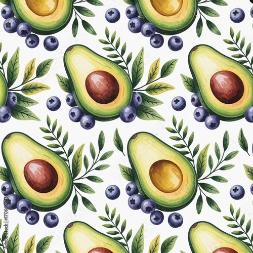 A lively and fresh design showcasing avocados paired with blueberries, surrounded by green leaves, emphasizing a healthy and organic lifestyle aesthetic.