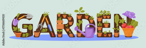 This vibrant illustration showcases the word 'GARDEN' made of various gardening tools and plants, symbolizing the joy of gardening and nature's beauty clearly.