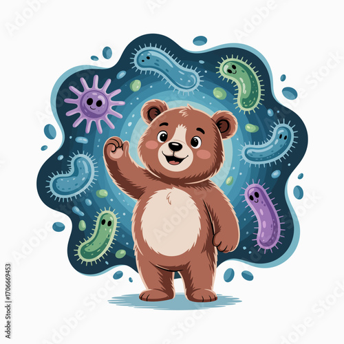 A delightful cartoon bear cheerfully interacting with colorful abstract germs and bacteria, portraying a fun and educational relationship between health and happiness.