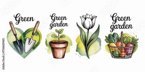Charming visuals featuring green-themed gardening elements, including tools, plants, and a tulip, that embody the passion for nurturing nature and its beauty.