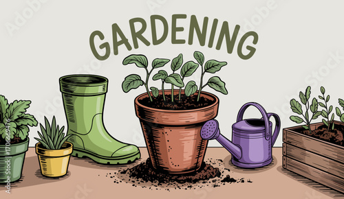 This vibrant illustration features essential gardening tools, potted plants, and a watering can, symbolizing the joy and tranquility of gardening as a fulfilling hobby.