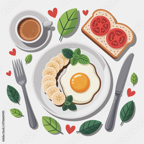 A vibrant breakfast plate featuring a sunny-side-up egg, sliced bananas, and a slice of toast topped with fresh tomatoes, complemented by a cup of coffee.