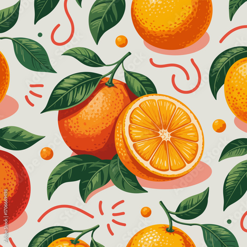 This lively illustrated pattern of oranges paired with lush leaves encapsulates a vibrant and fresh essence, ideal for various artistic and commercial uses.