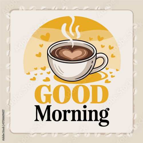 Delightful illustration of a coffee cup with a heart-shaped foam design, exuding warmth and inviting you to start your day with a cozy vibe and a smile.