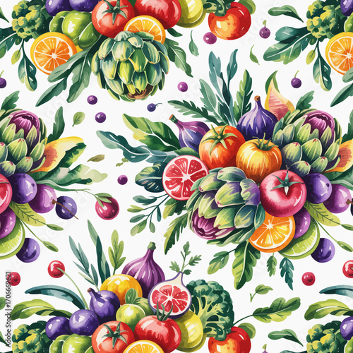 A mesmerizing assortment of colorful fruits and vegetables intertwined, showcasing the harmony of nature's flavors and nourishment in a beautiful display.