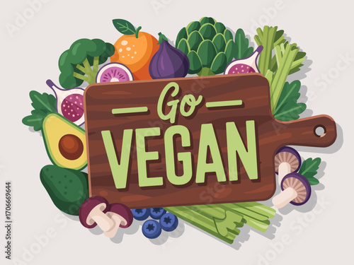 This colorful image features a delightful arrangement of fresh fruits and vegetables surrounding a prominent 'Go Vegan' sign on a wooden board, promoting a plant-based lifestyle.