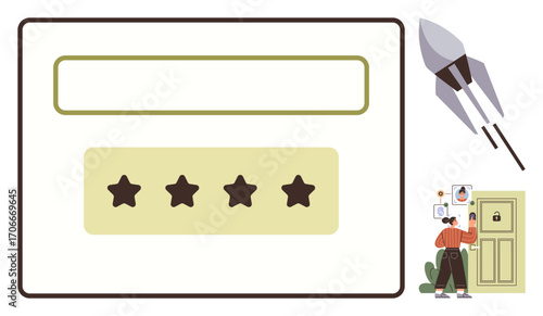 Password entry screen with stars, user unlocking a door using technology, rocket symbolizing innovation. Ideal for technology, security, data entry, digital access, innovation, modern solutions