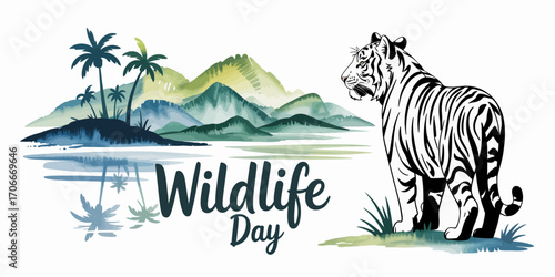 A stunning illustration of a white tiger standing majestically beside a serene lake, surrounded by vibrant green palms and mountains, highlighting wildlife beauty.