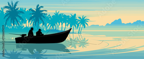 Silhouettes of two fishermen in a boat cast reflections in the serene waters at sunset, embodying the spirit of adventure, patience, and the beauty of nature.