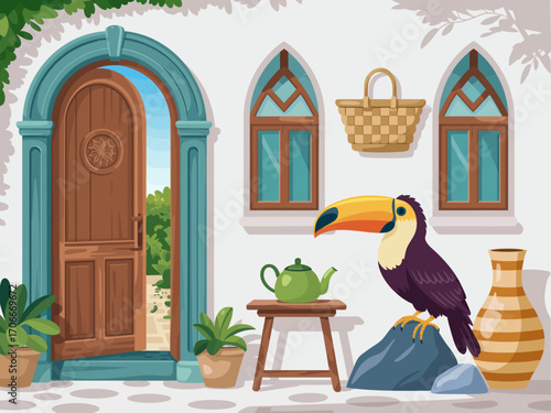 A beautiful doorway framed by charming plants and a toucan perched nearby, blending elements of nature and design to create a serene, inviting atmosphere.