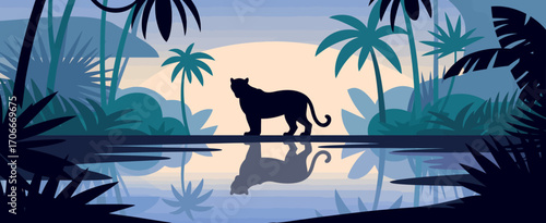 A majestic tiger silhouette stands in a serene landscape, surrounded by lush tropical vegetation, reflecting in a calm water surface under a pastel sunset sky.
