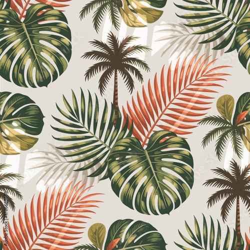 An intricate repeating pattern of tropical foliage, featuring lush green leaves and warm colors that evoke feelings of relaxation and tropical beauty.