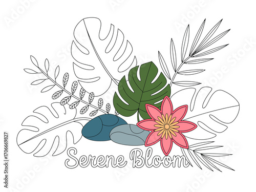 This image showcases a vibrant pink flower nestled among various green leaves, symbolizing tranquility and natural beauty for a serene atmosphere in any space.