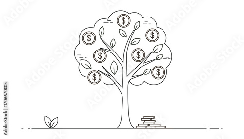 Money Tree: Financial growth illustration with coins and leaf branches in outline style.