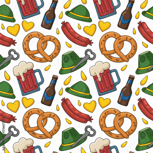 An engaging pattern showcasing beer bottles, mugs, pretzels, and hats that represents the spirit of festivals, great for decor and themed events.