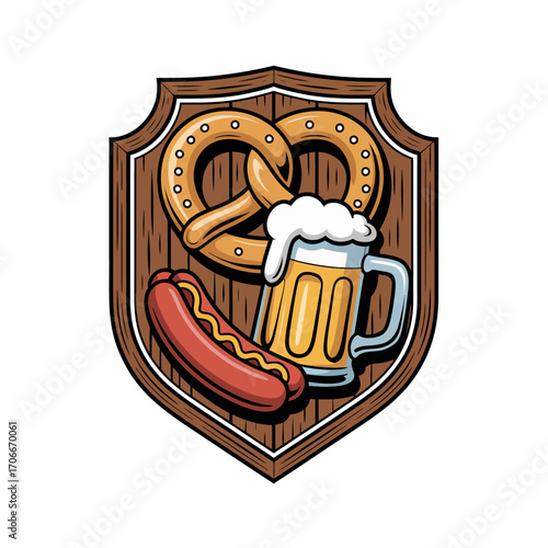 A playful and vibrant design illustrating a beer mug, hot dog, and pretzel presented on a rustic wooden shield, embodying culinary delight and social celebration themes.