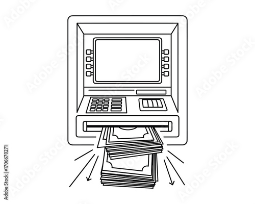 Automated Teller Machine Illustration with Stack of Money Being Dispensed in Monochrome