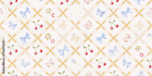 Charming vintage style seamless pattern with butterflies cherries and flowers on a diamond grid background