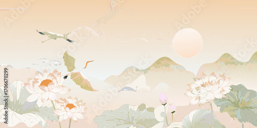 Serene asian landscape with flying cranes and lotus flowers under a soft sun