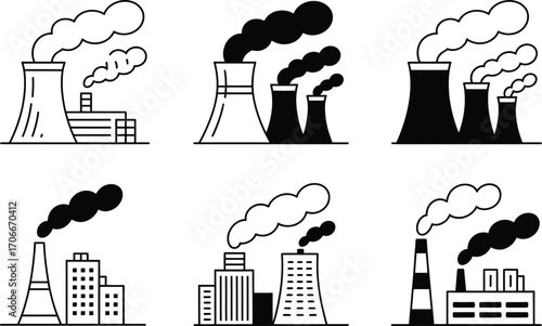 Industrial Factory Icons with Smoke Emissions