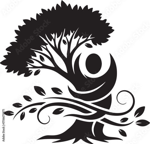 Stylized Tree Silhouette with Integrated Human Figure and Flowing Branches