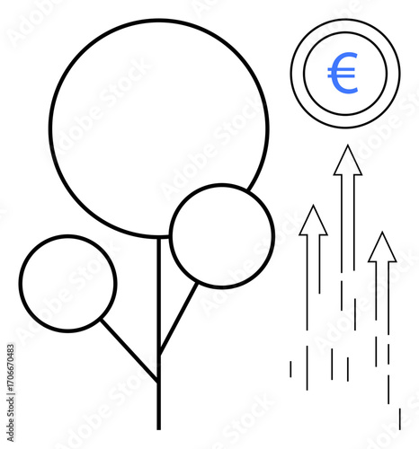 Abstract tree with circular leaves beside euro symbol and rising arrows. Ideal for economy, sustainability, growth, investment, profit, financial success, business strategy. Simple flat metaphor