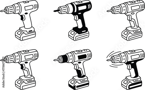 Collection of Six Cordless Power Drill Illustrations