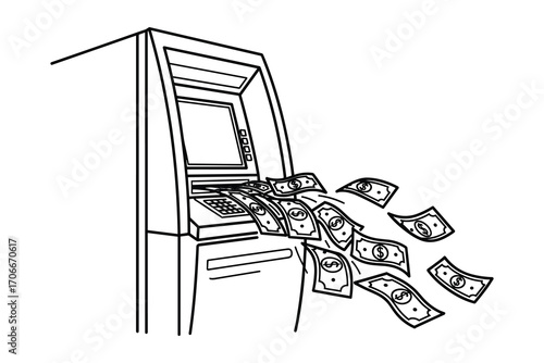 Automated teller machine dispensing a large sum of currency cash, outline drawing.