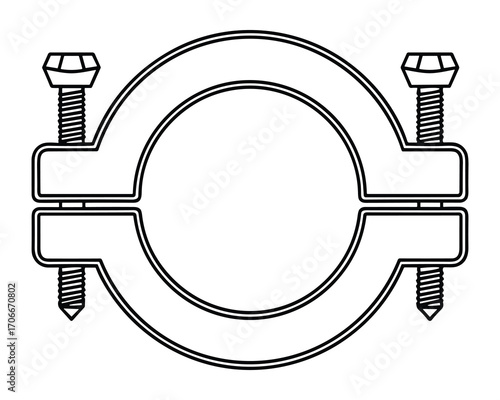 Detailed line drawing of a two-piece pipe clamp, complete with tightening bolts illustration.