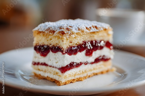 Wallpaper Mural Close-up Kardinalschnitten slice on white porcelain plate with cream and berry jam layers. Torontodigital.ca