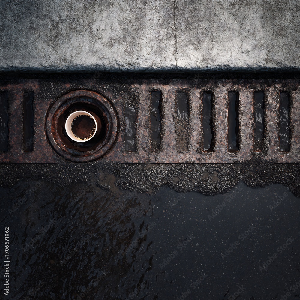 © abuzarnaqvii - Top down shot of sidewalk drain used coffee cup jammed into grate grime and dark water pooled below urban neglect theme close up realism with high detail 43 aspect ratio © abuzarnaqvii - Top down shot of sidewalk drain used coffee cup jammed into grate grime and dark water pooled below urban neglect theme close up realism with high detail 43 aspect ratio