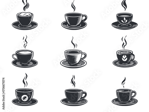 Various espresso cups with steam in minimalist style  