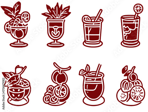 Colorful cocktail illustrations featuring various fruit and garnishes  