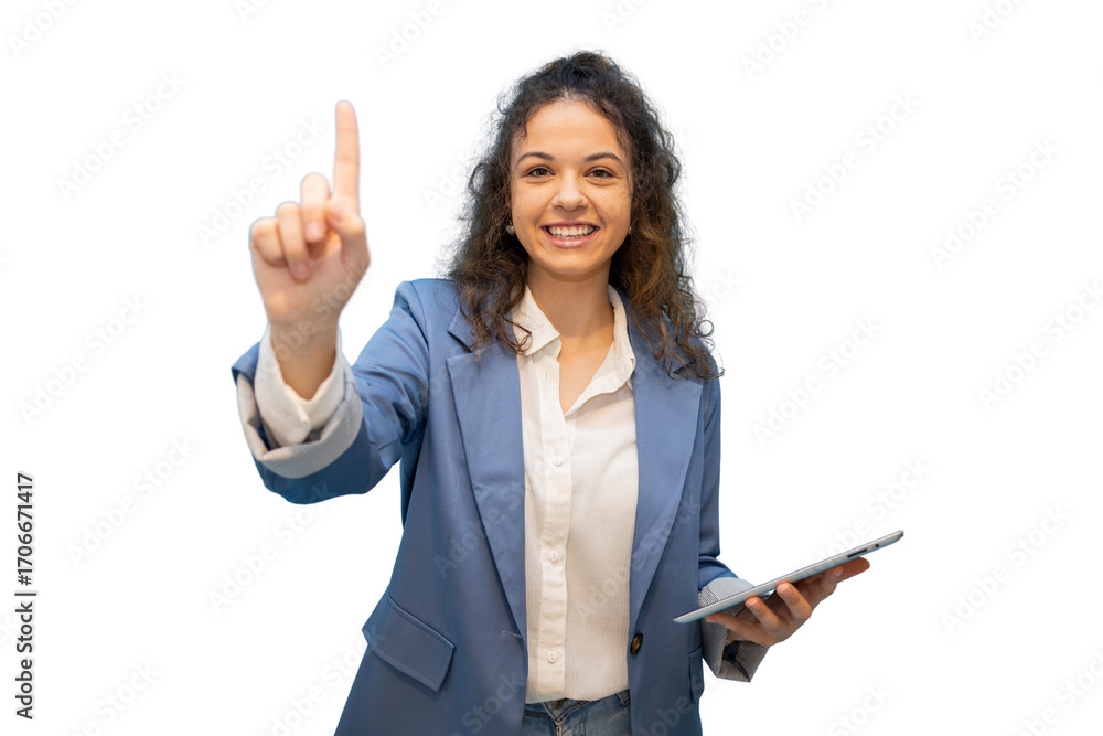 Smiling businesswoman pointing index finger up and holding tablet, isolated on transparent background