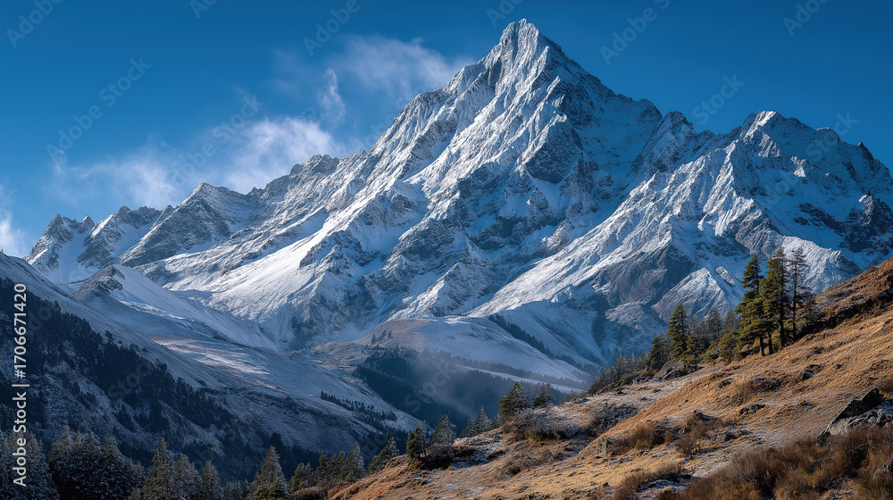 Obraz premium Snow-Capped Mountains with Yellowish Grassland and Green Pine Trees, Natural Scenery Photography, Outdoor Adventure Background, Tourism Promotion Material