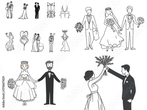 Wedding couple illustrations with bride and groom in various poses  