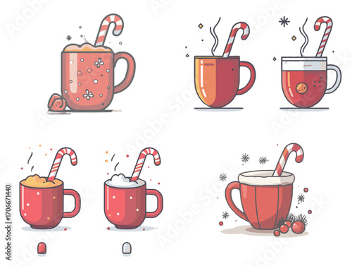 Red mug with candy cane and hot beverage in festive style  